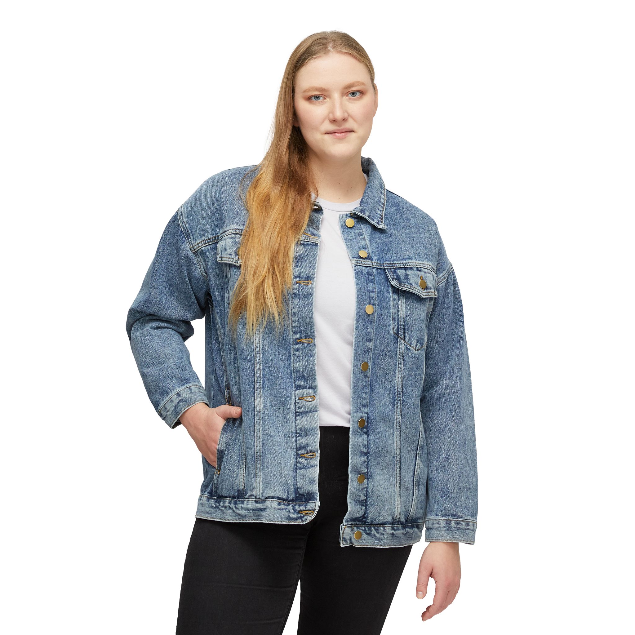 Chic Women's Denim Jacket with Bold Graphic Design, Casual Outerwear, Stylish Layer, Gift for Her, Fall Fashion, Trendy Jacket